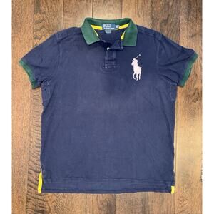 VINTAGE Polo Ralph Lauren Polo Shirt Men XL Blue Rugby Padded Shoulders Big Pony